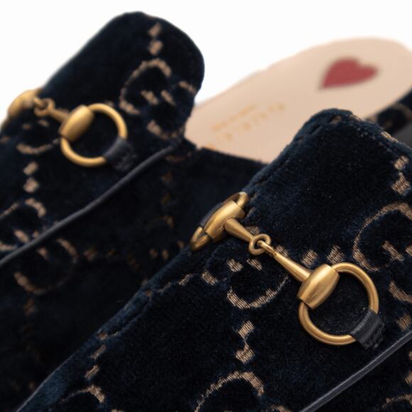 Gucci Princetown GG Monogram Blue Velvet Horsebit Mule Slides Navy 37 US7 - Picture 13 of 16